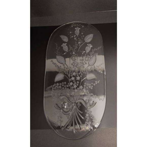 Fleur by William Fraser Oval Glass Canape Tray Etched Floral 15.75" - Picture 6 of 10